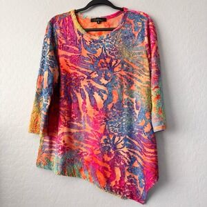 Caleesa Medium Tunic Multicolor 3/4 Sleeve Burnout Velvet Asymmetrical Sharkbite